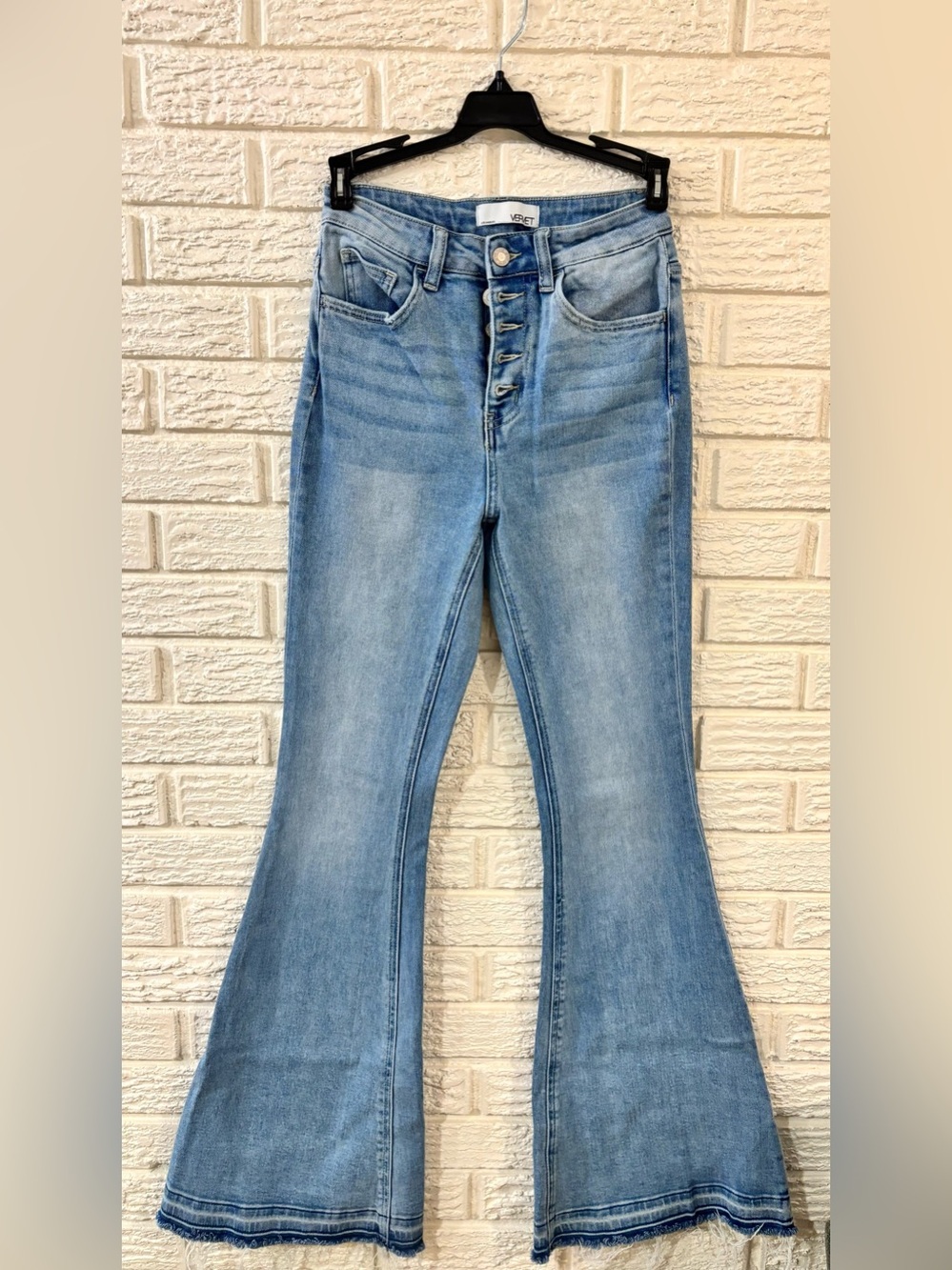 VERVET High Rise Flare Frayed Hem Jeans Light Wash Button Fly 5-Pocket Size 24